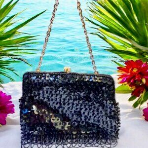 Vintage Black Beaded Purse Goldtone Chain OR Clutch Kiss Lock Handmade H…